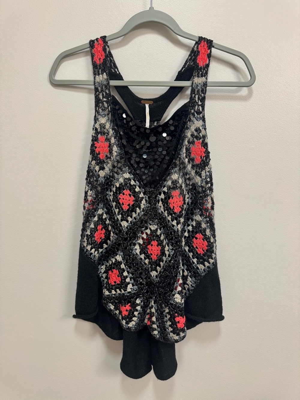 Free People Grandma’s Love Crochet Square Black Sequin Racerback Trapeze Tank
